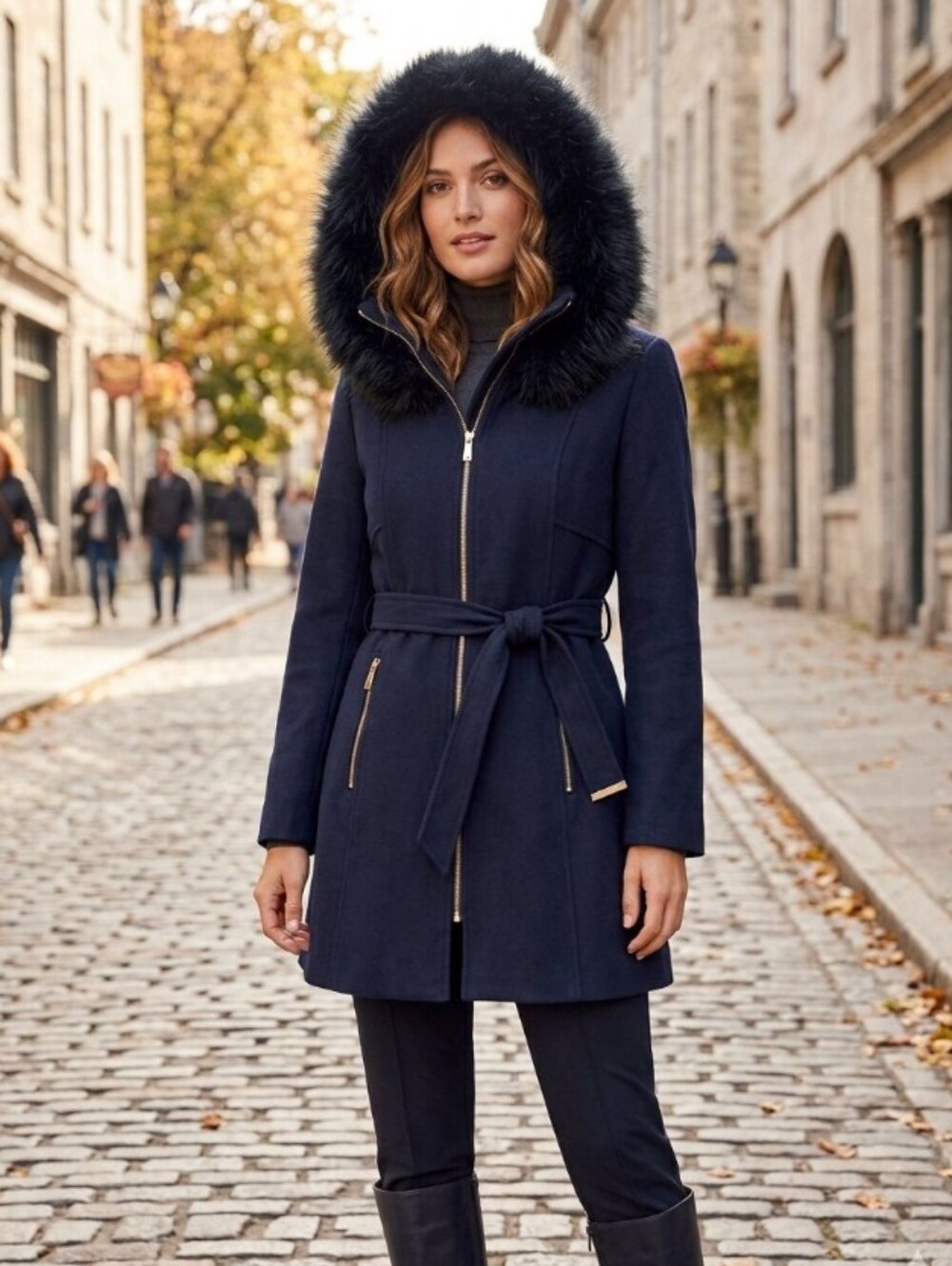 Laundry by Shelli Segal Navy Wool Blend Coat Faux Fur Hood & Belt Size XL